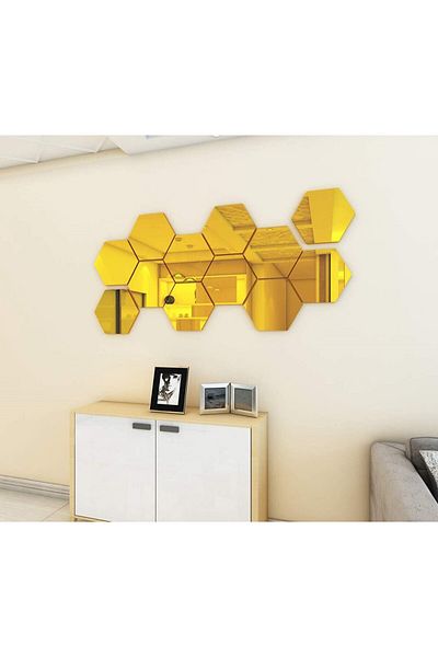 OEM Set de 12 autocolante pentru oglindă, acrilic, hexagonal, 10x8,7x5 cm, auriu