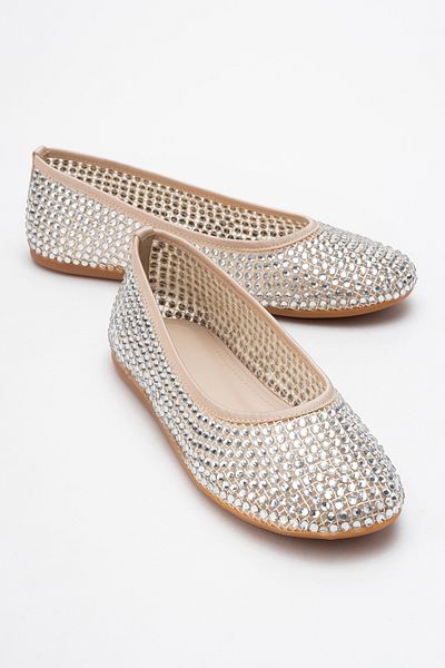 LuviShoes Runway Beige Mesh Stone Women's Ballerina Shoes