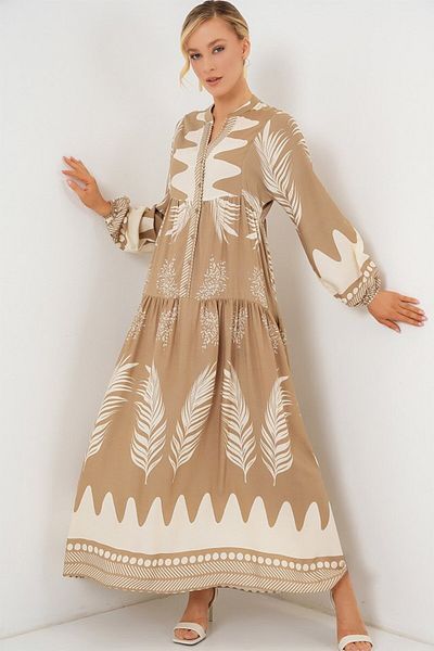 modaserdem 2423 Authentic Patterned Hijab Dress - M. Camel