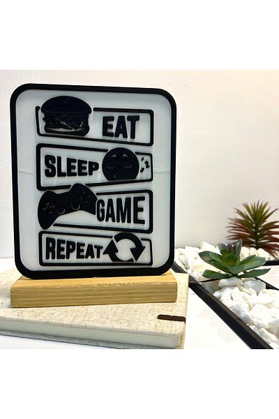OEM "Eat, Sleep, Game, Repeat" decoration with natural wood base, 18 cm, white / black, 3D printed