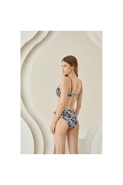 Findit Black and White Patterned Lotus Bikini Set with Red Rope Strap