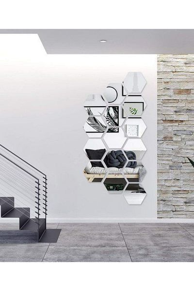 OEM Set de oglinzi acrilice cu design hexagonal - Oglinzi decorative, mărime XL, argintii, Luxury Home, 12 piese/set