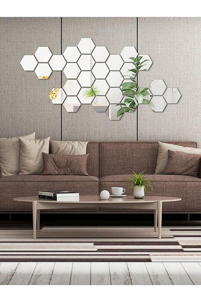OEM Set de 32 de oglinzi acrilice autoadezive, model hexagonal, 12,5x11x6,4 cm, argintii