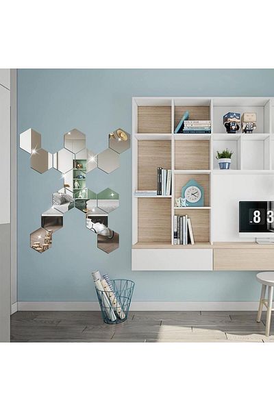 OEM Set de 15 oglinzi acrilice autoadezive model hexagonal, 12,5x11x6,4 cm, argintii