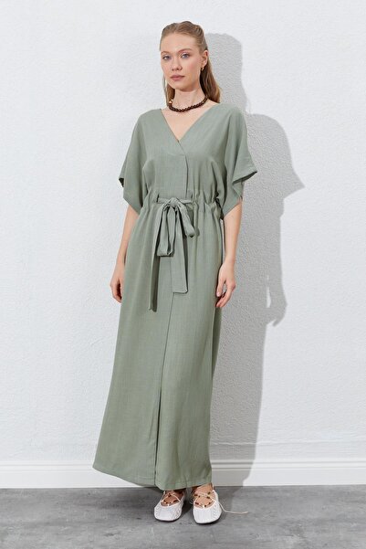 TENA Γυναικείο Χακί Χαμηλό Μανίκι Μέση Τούνελ Ζώνη Λινό Μακρύ Φόρεμα