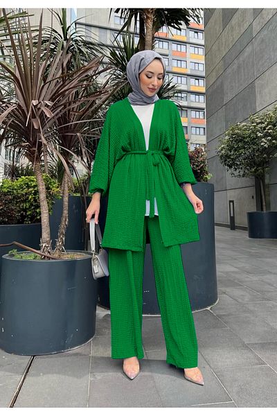 NİSUM MODA Seersucker Textured Belted Cardigan and Pants Double Set