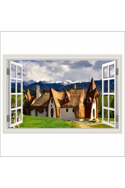 media Fototapet autocolant Fereastra Castel de lut, primavara, munte, 250 x 170 cm