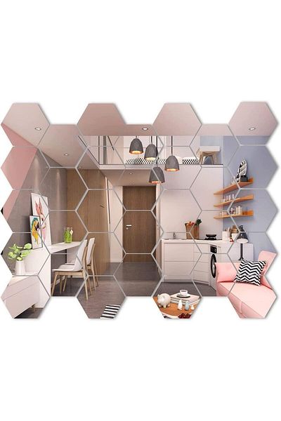 OEM Set de 32 de oglinzi acrilice autoadezive, model hexagonal, 12,5x11x6,4 cm, argintii