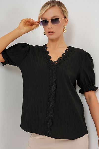modaserdem V-Neck Ruched Blouse 956 - Black