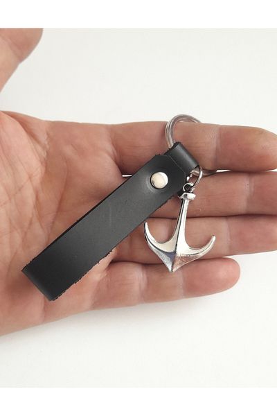 AB Takı Anchor Symbol Fashion Black Real Leather Keychain