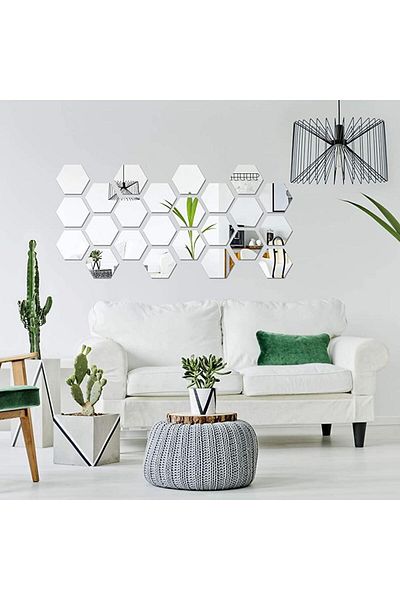 OEM Set de 24 de oglinzi acrilice autoadezive, model hexagonal, 12,5x11x6,4 cm, argintii