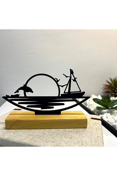OEM Decoration "Quiet Horizon" with natural wood base, 10.5 cm, black, 3D printed