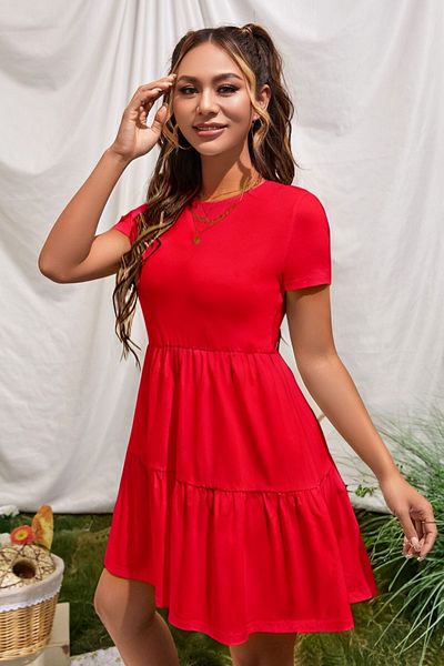 Trendseninle Rochie roșie din bumbac pieptănat cu mâneci scurte și volane