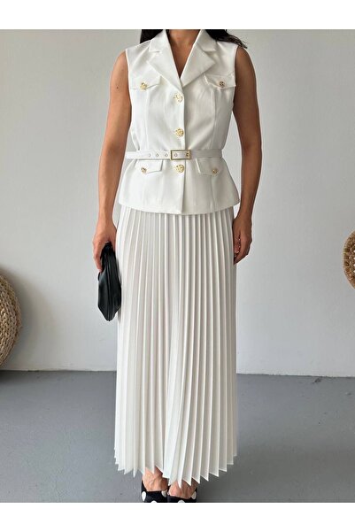 Ekim Store Costum blazer dublu cu vestă plisată și fustă