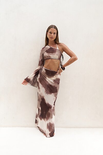 BOHEMAİ Efthimos One Shoulder Brown Crop Skirt Suit