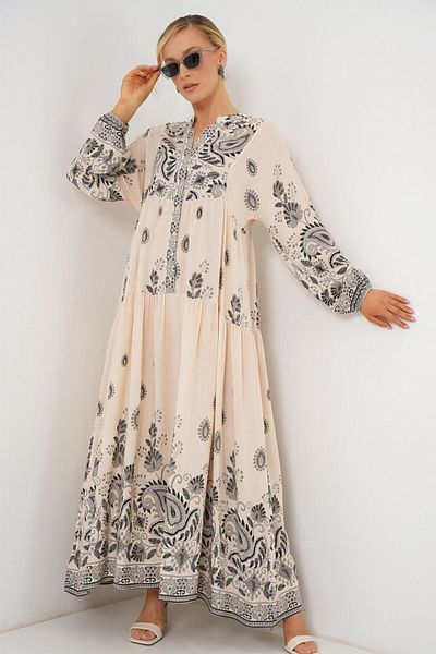 modaserdem 2423 Authentic Patterned Hijab Dress - Black - Cream