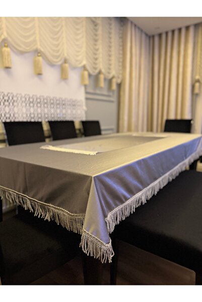 AYDINDOKUMA Emerald Fabric Tasseled Table Cloth Gray Silver Tassel Fringed