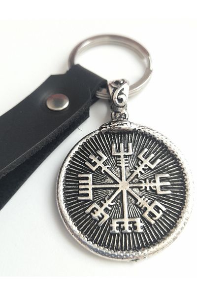 AB Takı Compass Vegvisir Premium Symbol Fashion Black Real Leather Keychain