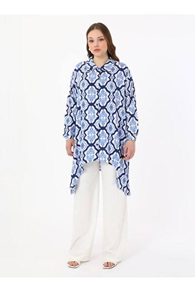 ALİA Patterned Short Front Long Back Plus Size Tunic - White - Blue -