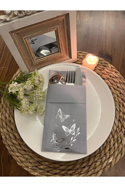 kidspartim Silver Gilded Gray Butterfly Leaf Detailed Fabric Textured Air Laid Kangaroo Pocket Napkin Set of 6