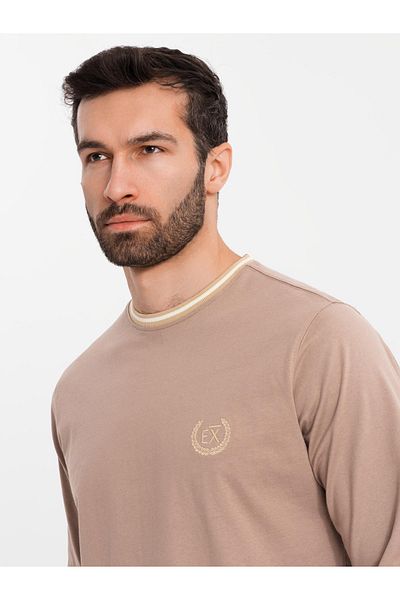 OMBRE Herren Langarmshirt aus Baumwolle mit gestreiftem U-Ausschnitt und Stickerei - braun V6 OM-LSCL-0128 XL