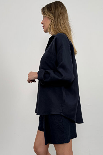 5in1Canpolat Navy Blue 100% Linen Oversize Shirt