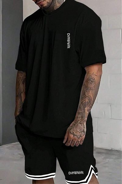 NO 601 Men's Black Oversize Tshirt Black Extraforlu Shorts Different Printed Set
