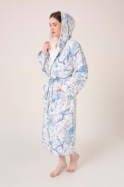 VEVİEN HOME Blue Gladiolo Fiore Patterned Digital Printed Hooded Bathrobe