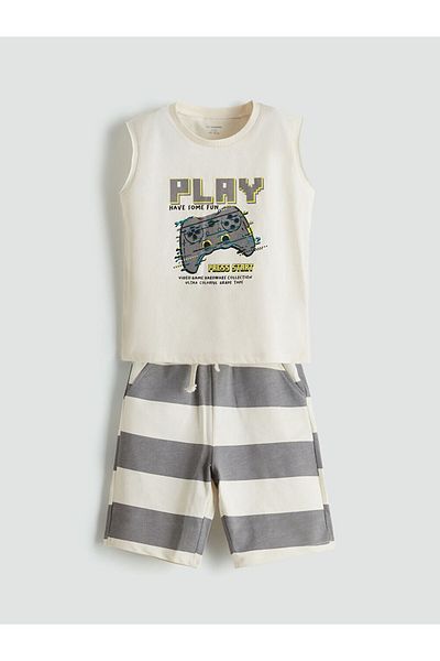 LC Waikiki Lcw Kids Beige Printed Boys' Tank Top and Shorts 2-Piece Set