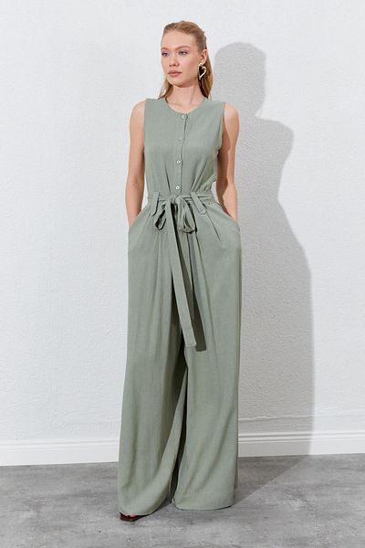 TENA Women's Khaki Sleeveless Belted Double Leg Jumpsuit