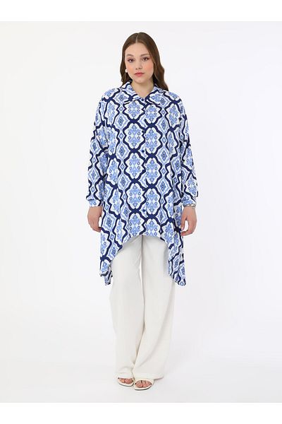 ALİA Plus Size Tunic - White - Blue - Alia