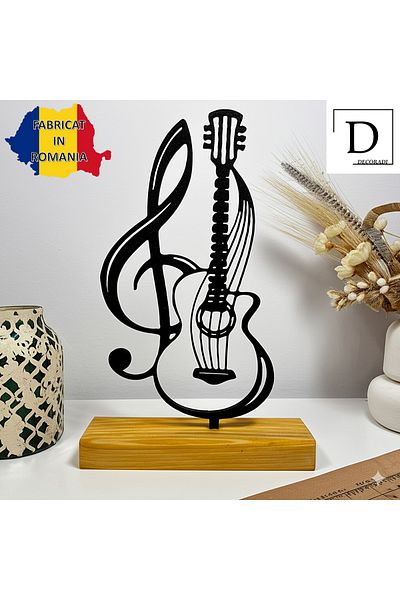 OEM "Guitar & G Clef" decoration with natural wood base, 20.5 cm, black, 3D printed