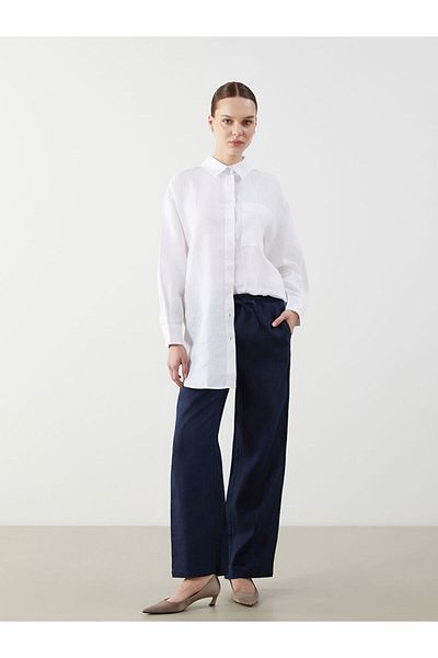 LC Waikiki Black Elastic Waist 100% Linen Women's Trousers