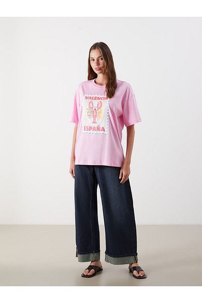 LC Waikiki Pink Valencia Printed Oversize Women's T-Shirt