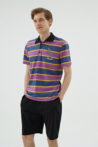İPEKTENİM Синьо-фіолетово-помаранчевий комплект піжами з поло-коміром та шортами