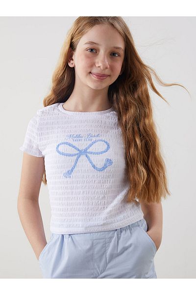 LC Waikiki New Season Crew Neck Bow Printed Girl's Crop Tisort - S5BE46Z4