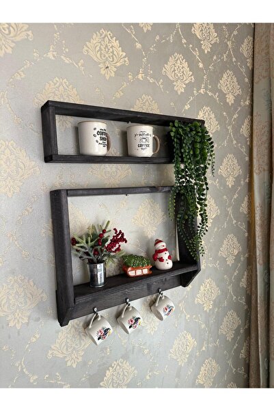 Wooden Factory 2 Katlı Ahşap Duvar Rafı – Kupa Askılı Kahve Köşesi Rafı, Doğal Ahşap