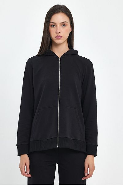 VENA Gwen Side Slit Zippered Sweatshirt - Black