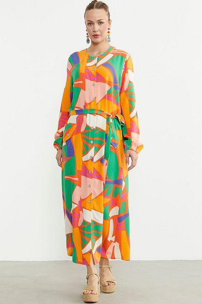 Sementa Plus Size Geometric Patterned Long Dress - Green
