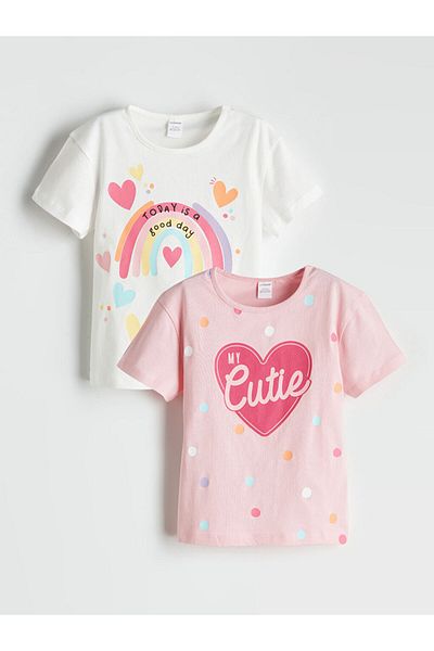 LC Waikiki Ecru Crew Neck Printed Girl's T-Shirt Pack of 2