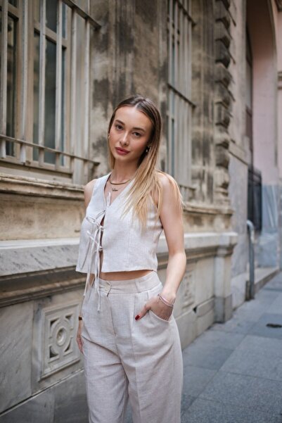 Eloe Voile d’Âme Kadın Bej Ham Keten İpli Yelek Palazzo Takım