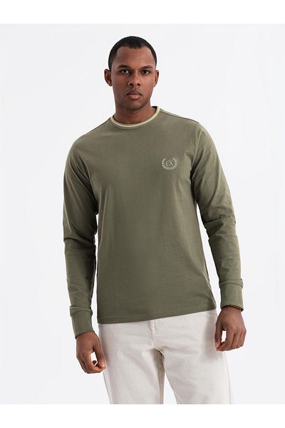 OMBRE Herren Baumwoll Longsleeve mit U-Ausschnitt mit Streifen und Stickerei - oliv V1 OM-LSCL-0128 L