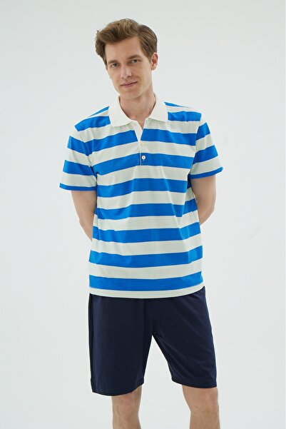 İPEKTENİM Бежево-синій комплект піжами з шортами та поло з коміром