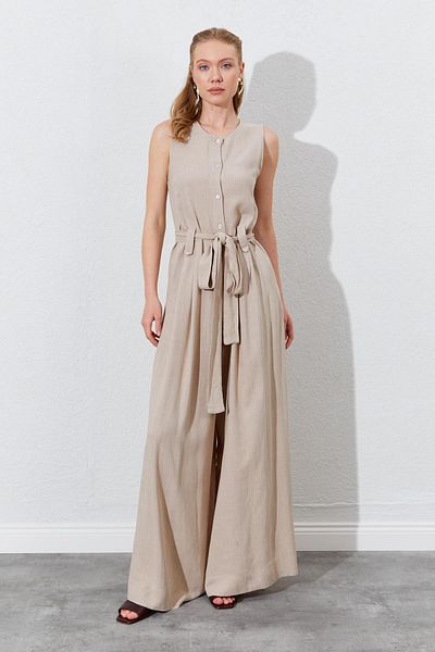 TENA Women's Dark Beige Sleeveless Belted Double Leg Jumpsuit