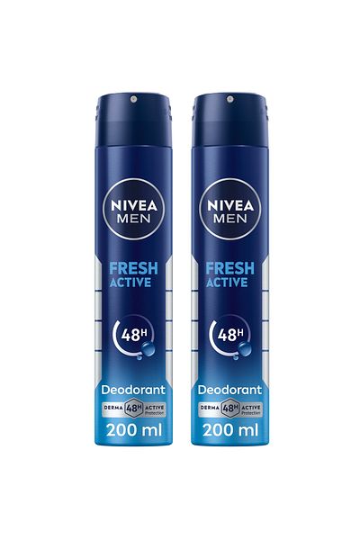 NIVEA MEN Fresh Active Antibacterial Deodorant Spray for Men, 48H Active, 200ml, Pack of 2