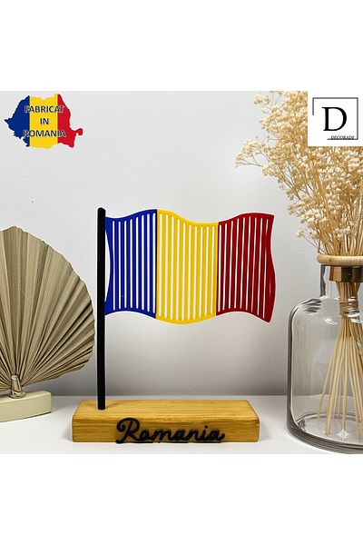 OEM "Romanian Flag" decoration with natural wooden base, 18 cm, multicolor, 3D printed