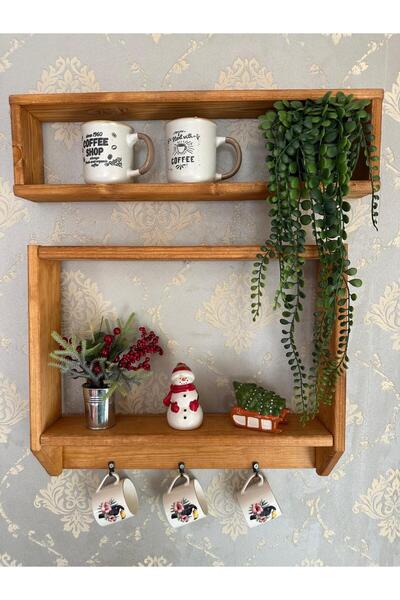 Wooden Factory 2 Katlı Ahşap Duvar Rafı – Kupa Askılı Kahve Köşesi Rafı, Doğal Ahşap