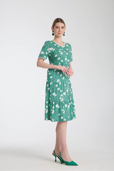 Wild Love Green Floral Print Short Sleeve Floor Skirt Full Length Button up Women's Dress