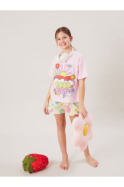 LC Waikiki New Season Crew Neck Girls' Shorts Pajama Set - S5Ap55Z4