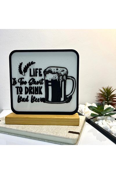 OEM "Cheers to Good Beer" decoration with natural wood base, 17 cm, white / black, 3D printed